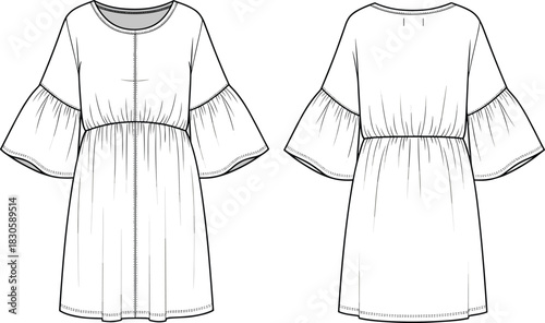 Women’s flared-sleeve gathered dress illustration showing detailed front and back technical views with stitching, relaxed silhouette, fashion flat vector garment design.