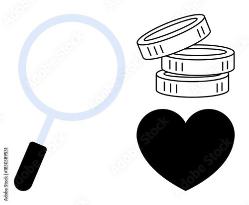 Magnifying glass, heart, and stacked coins emphasizing philanthropy, financial analysis, wealth, value, love, savings charity. Ideal for finance investments nonprofit themes and simple flat