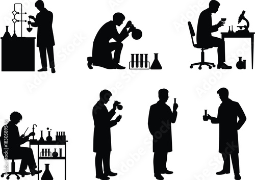 Scientist silhouette laboratory experiments, chemistry research actions collection, lab technician working with equipment, scientific analysis vector set for educational and professional design
