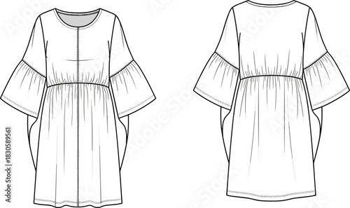 Women’s loose-fit dress fashion illustration featuring wide flared sleeves, gathered waist, front and back technical views, clean line-art vector template design.