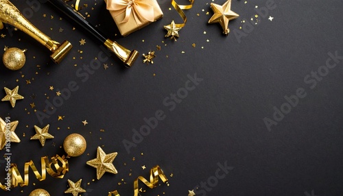 Golden New Year's Eve Party Decorations and Confetti on Black Background with Copy Space, Festive Celebration Flat Lay