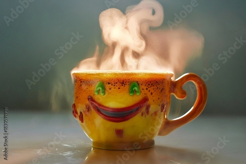 Cheerful coffee cup with steam rising in a warm setting