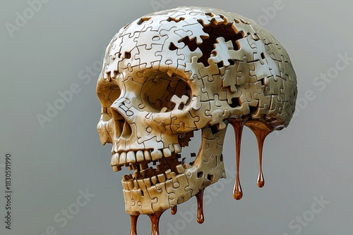 Melting puzzle skull with dripping pieces resembling flowing water