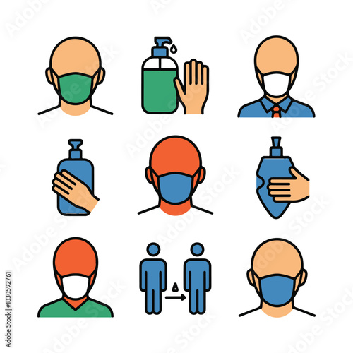 Icons depicting face masks hand sanitizer and social distancing protection health.