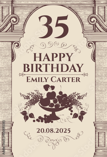Vector custom name label a4 with a bunch of grapes and calligraphic inscriptions on a background in vintage style. Anniversary or birthday. No ai