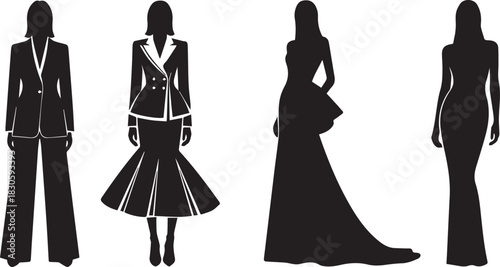 Stylish Silhouettes of Women's Fashion Suits and Gowns for Various Occasions