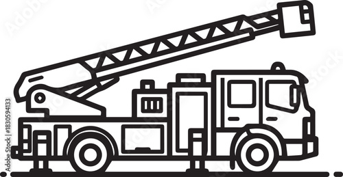 Minimalist line icon of a ladder fire truck, symbolizing emergency response, rescue, and firefighting services