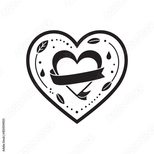  Stylized Heart and Botanical Accents Romantic Love or Wellness Emblem.