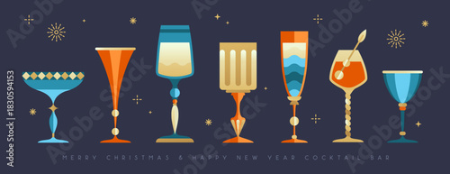 Set of holiday Christmas and New Year cocktails and champagne glasses isolated on dark background. Vector illustration