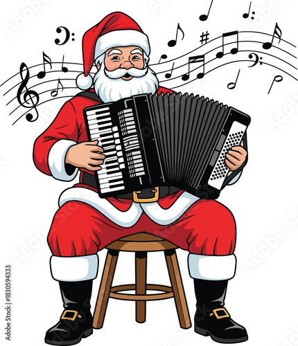 Jolly Santa Sitting on a Stool Playing Accordion with Floating Music Notes – Holiday Cartoon PNG Artwork
