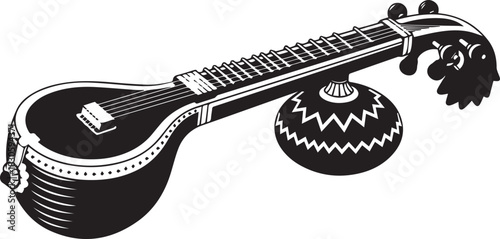 Elegant black and white vector design of a traditional Veena, an iconic symbol of Indian Carnatic music and culture