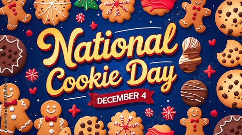 National cookie day, December fourth, with cookies and decorations on a blue background, 32K Resolution