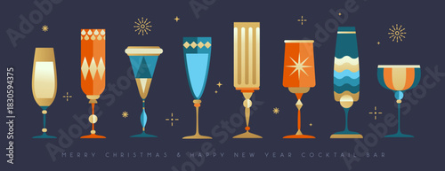 Set of holiday Christmas and New Year cocktails and champagne glasses isolated on dark background. Vector illustration