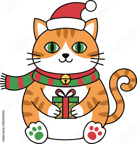 A cute cartoon orange tabby cat sitting and holding a wrapped gift, wearing a Santa hat and a red and green striped scarf with a gold bell.