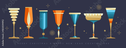 Set of holiday Christmas and New Year cocktails and champagne glasses isolated on dark background. Vector illustration