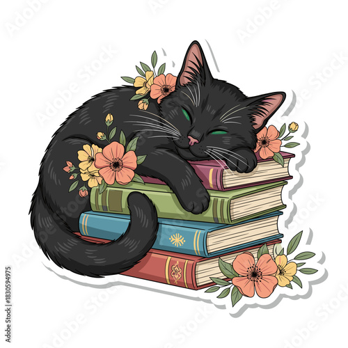 Black cat sleeping on books with spring flowers