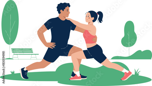 Couple doing stretching exercises together in a park to improve their health and fitness cartoon vector illustration