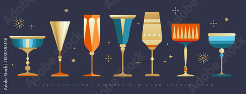 Set of holiday Christmas and New Year cocktails and champagne glasses isolated on dark background. Vector illustration