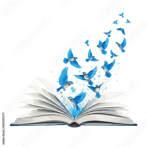 Blue birds flying out of open book watercolor