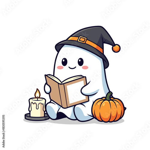 Cute Halloween ghost reading with candle & pumpkin