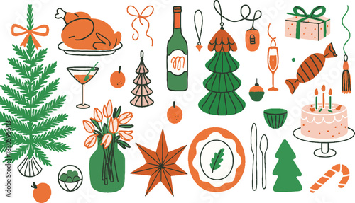 Christmas Dinner and Festive Holiday Decorations Illustration