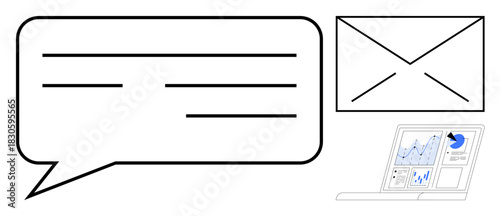 Speech bubble, envelope, and laptop with graphs convey messaging, communication, data sharing, business insight, teamwork, remote work and digital connectivity. Ideal for simple flat metaphor