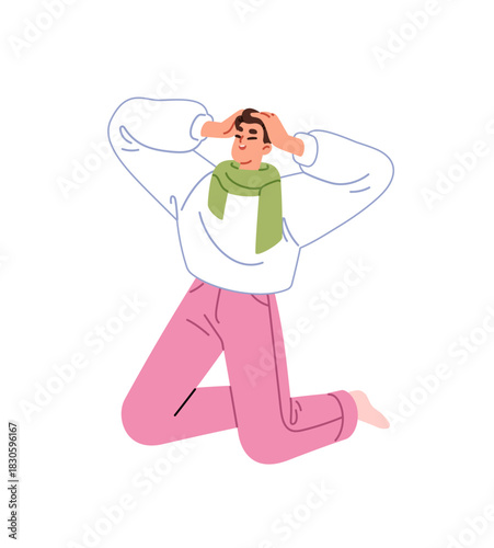 Excited man stands on knees for happy. Fan holds his head for joy. Cheerful boy celebrates winning, victory. Young person rejoices at success. Flat isolated vector illustration on white background
