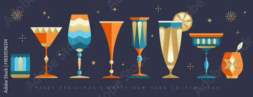 Set of holiday Christmas and New Year cocktails and champagne glasses isolated on dark background. Vector illustration
