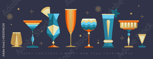 Set of holiday Christmas and New Year cocktails and champagne glasses isolated on dark background. Vector illustration
