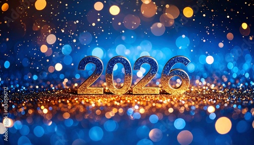 Happy New Year 2026 celebration background with glittering gold numbers and sparkling blue and orange bokeh lights.