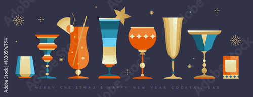 Set of holiday Christmas and New Year cocktails and champagne glasses isolated on dark background. Vector illustration