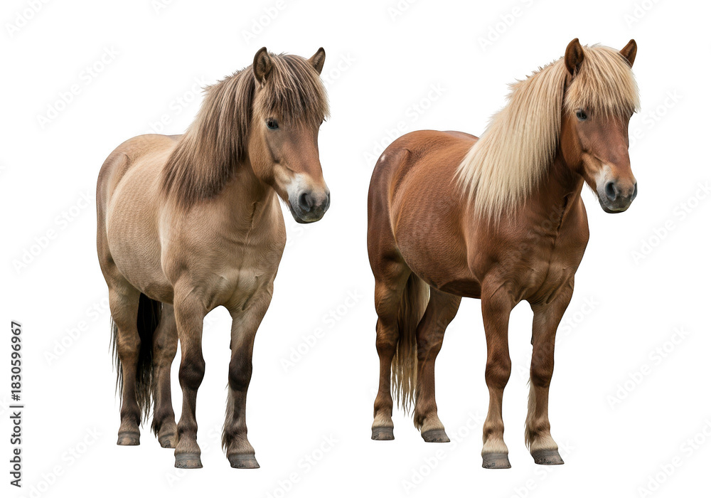 Fototapeta premium Two icelandic horses standing side by side, equine animals, breed of horse, mammal, animal photography, stock image, isolated on transparent background