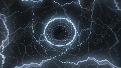 Dynamic swirling vortex with electric blue lightning bolts creating a mesmerizing tunnel effect in a dark, mysterious environment, capturing the essence of energy and movement in a futuristic scene