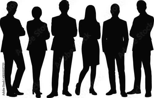 Professional business team silhouettes standing together in formal attire, representing corporate unity, leadership, teamwork, collaboration, and modern office workforce concept