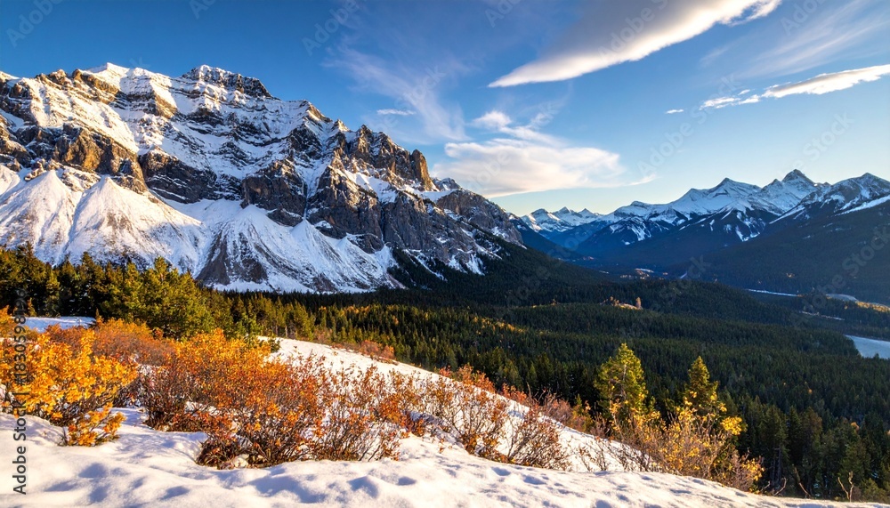 Fototapeta premium Snowy mountains and forest landscape.