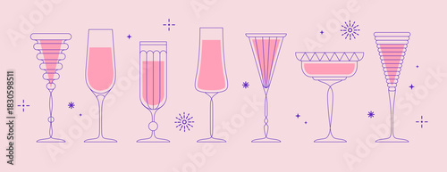 Set of line art retro cocktails or champagne glasses. Holiday cocktail party. Vector illustration
