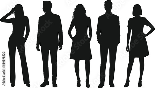 Silhouette group of diverse standing people in modern clothing, professional and casual poses, isolated black figures for contemporary design and illustration projects