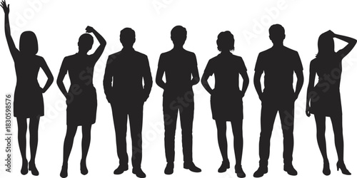Silhouette group of diverse standing people in various poses, representing teamwork, unity, community, individuality, modern lifestyle, business and casual concepts.