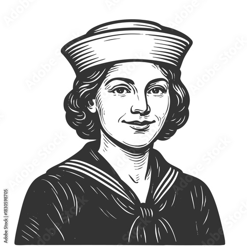 woman in vintage navy uniform, ideal for military, patriotism, or retro themes sketch engraving generative ai fictional character vector illustration. Scratch board imitation. Black and white image.