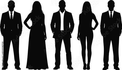 Silhouette group of professionally dressed men and women standing in formal and business attire, elegant fashion, corporate teamwork, modern lifestyle illustration.