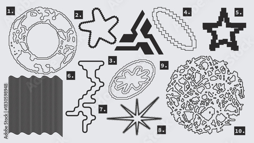 Vector Graphic Assets Set. Shapes in Y2k style, Futuristic, Brutalist, Anti-design