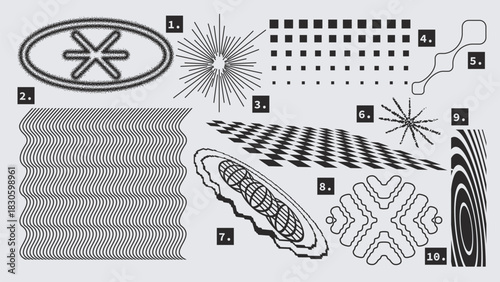 Vector Graphic Assets Set. Shapes in Y2k style, Futuristic, Brutalist, Anti-design