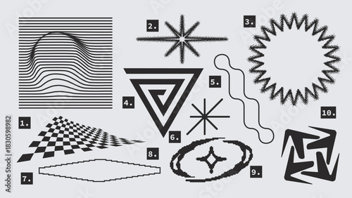 Vector Graphic Assets Set. Shapes in Y2k style, Futuristic, Brutalist, Anti-design