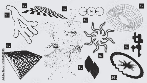 Vector Graphic Assets Set. Shapes in Y2k style, Futuristic, Brutalist, Anti-design