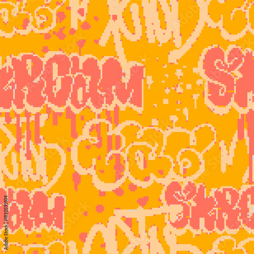 Vector Seamless pixel graffiti pattern with abstract tags, dithered texture. Urban, grunge, playful pixel art style perfect for backgrounds, textiles