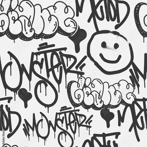 Bold vector graffiti seamless pattern with abstract tags