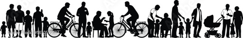 Silhouette illustration of diverse families, adults, children, seniors, and cyclists interacting in everyday life scenes, community lifestyle, parenthood, family relationships.