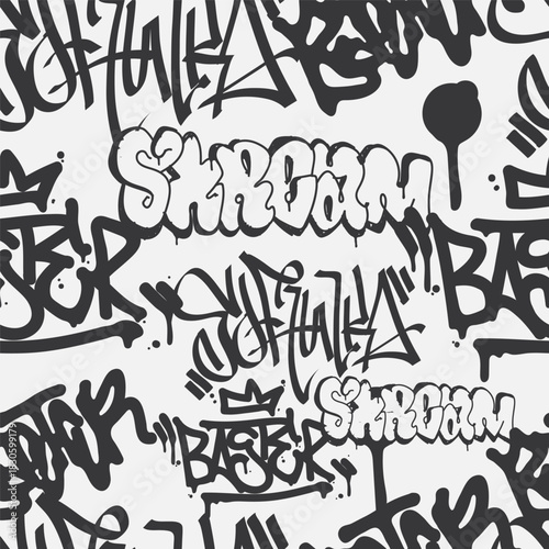 Bold vector graffiti seamless pattern with abstract tags