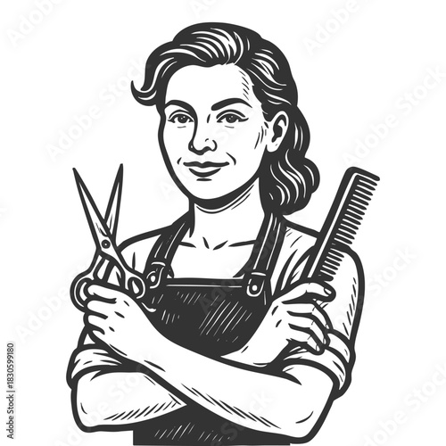 smiling female barber with scissors and comb, ideal for grooming themes sketch engraving generative ai fictional character vector illustration. Scratch board imitation. Black and white image.