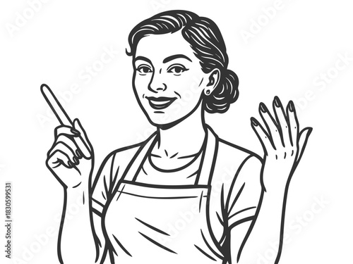 smiling female nail technician wearing an apron, holding a nail file and showing manicured nails sketch engraving generative ai fictional character vector illustration. Scratch board. Black and white.